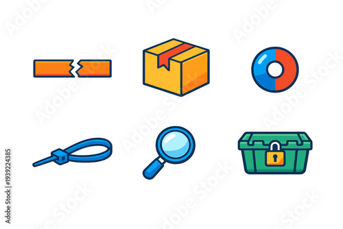A collection of six colorful flat icons including a broken bar, a cardboard box, a circular magnet, a blue cable tie, a magnifying glass, and a green locked chest on a black background.