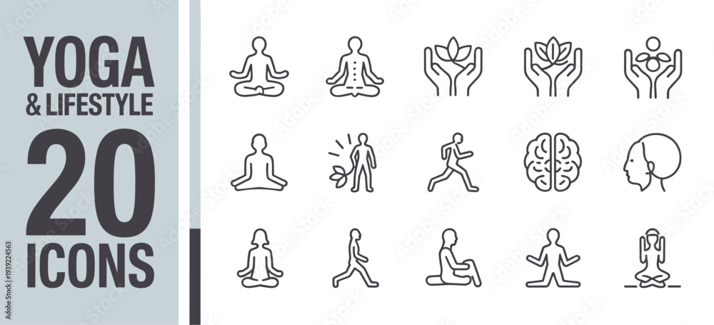Fototapeta premium Yoga And Lifestyle Icons Set Line Art Keywords: yoga, lifestyle, icons, meditation, fitness
