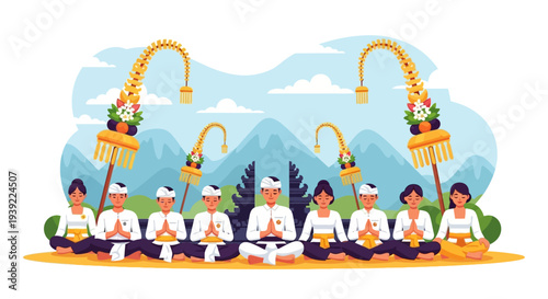 Balinese People in Traditional Attire Praying Outdoors with Mountains and Temple Gates in Background