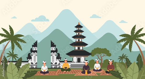 Balinese people meditating in front of temple and mountains, cultural scene