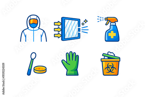 A collection of six laboratory safety and biosafety icons including a hazmat suit, air filtration, disinfectant spray, petri dish with swab, protective glove, and biohazard waste bin.