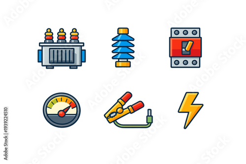 A collection of six colorful electrical icons including a transformer, insulator, circuit breaker, gauge, jumper cables, and a lightning bolt symbol on a black background.