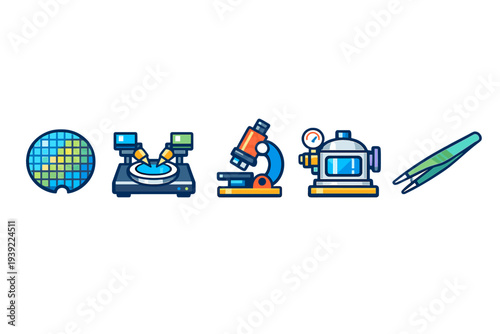 A set of five flat vector icons representing semiconductor manufacturing equipment including a silicon wafer, probe station, microscope, vacuum chamber, and laboratory tweezers.