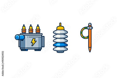 A collection of three flat vector icons depicting electrical power infrastructure components like a transformer, an insulator, and a grounding spike against a dark background.