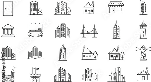 City architecture line icons collection including skyscrapers office buildings and residential houses