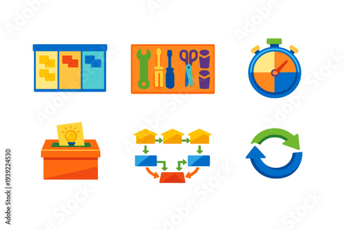 A collection of six colorful flat icons representing business processes, including a task board, a toolbox, a stopwatch, a suggestion box, a flowchart, and a refresh symbol.