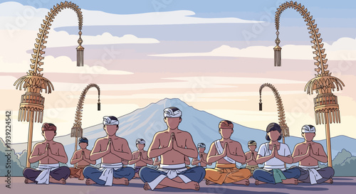 Balinese people meditating in prayer at sunrise with mountain and ceremonial arches