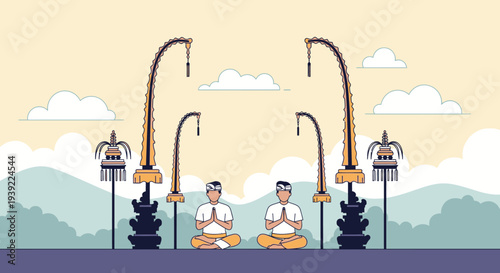 Balinese people meditating with penjor and clouds in the background