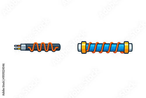 Two stylized vector icons representing electrical components, featuring a dark cable with an orange wavy line and a glowing blue rod wrapped in a copper coil on a black background.