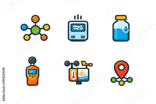 A collection of six colorful flat icons representing environmental monitoring, including a network diagram, air quality sensor, water bottle, handheld meter, weather station, and location pin.