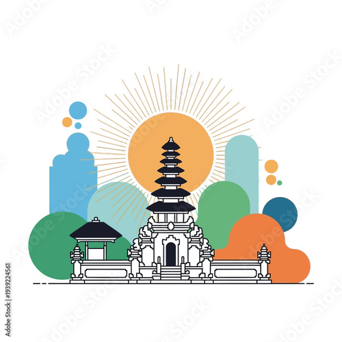 Balinese Temple Architecture with Abstract Geometric Shapes and Sunburst