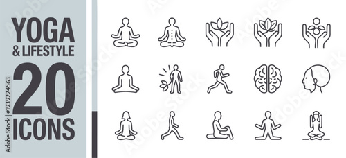 Yoga And Lifestyle Icons Set Line Art Keywords: yoga, lifestyle, icons, meditation, fitness