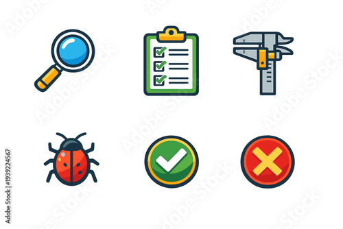 Six flat design icons for software testing and quality control featuring a magnifying glass, clipboard checklist, caliper tool, ladybug, green checkmark, and red cross mark.