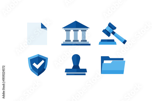 A collection of six blue icons representing legal and administrative concepts including a document, courthouse, gavel, shield, stamp, and folder on a white background.