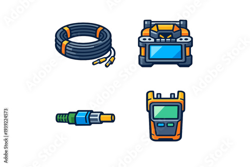 A set of four stylized icons representing fiber optic equipment, including a coil of cable, a fusion splicer, a connector, and a handheld optical power meter on a black background.