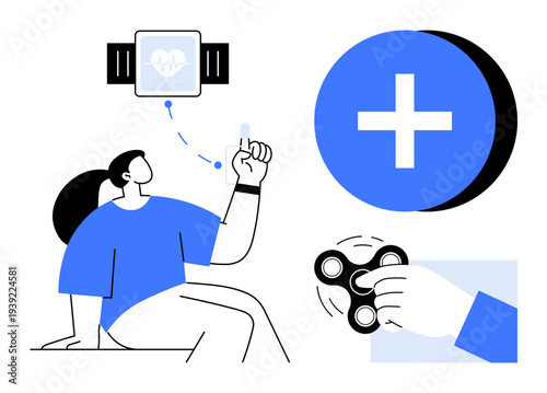Health technology concepts. Health monitoring using smartwatches enhances active living and wellness. Health tools thumbs up fidget spinners promote stress relief. Perfect for tech, wellness
