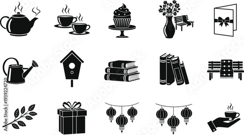 Collection of cozy lifestyle and garden icons featuring teapot cupcakes books birdhouse and park benches for hygge autumn leisure and home comfort vector designs