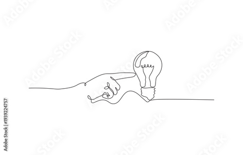 Single line art showing a hand cradling a lit lightbulb, innovation concept.