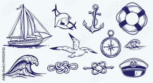 Nautical Themed Collection Of Vintage Style Maritime Icons And Symbols For Marine Adventure And Sailing