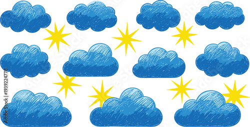 Clouds and stars hand drawn collection blue sky elements weather forecast design