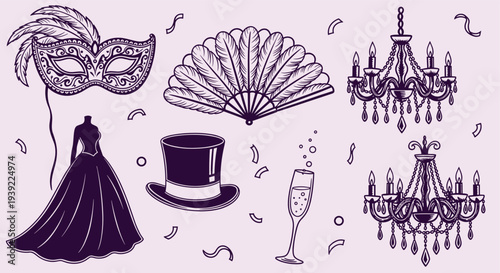 Elegant Masquerade Ball Elements Collection Featuring Venetian Mask Gown Top Hat Chandelier and Champagne Glass for Festive Celebrations