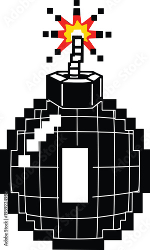 Pixelated bomb explosive device cartoon style with fuse lit and ready to detonate danger threat cartoon graphics pixel art