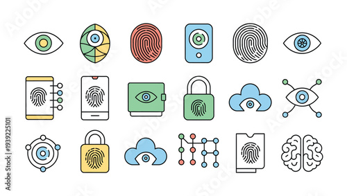 Modern icons for security, AI, and technology: fingerprint, eye, brain, cloud, lock.