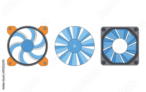 Three computer cooling fans with blue blades and different frame designs in vector art.