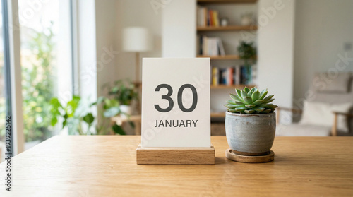 Minimalist Desk Calendar Displaying Date 30 January in a Cozy Modern Home Office with Natural Lighting