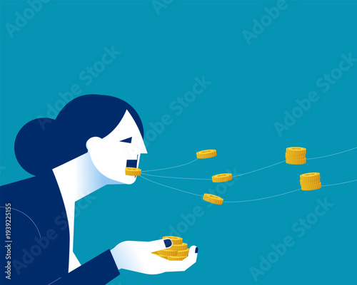 Greedy. Businesswoman eating string of gold coins  held in hand