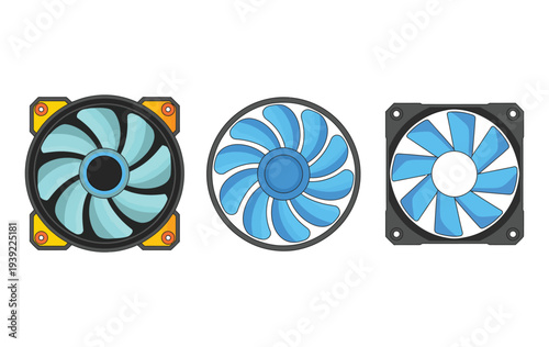 Assortment of three computer cooling fans with blue blades and diverse frame styles.