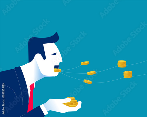 Greedy. Businessman eating string of gold coins  held in hand