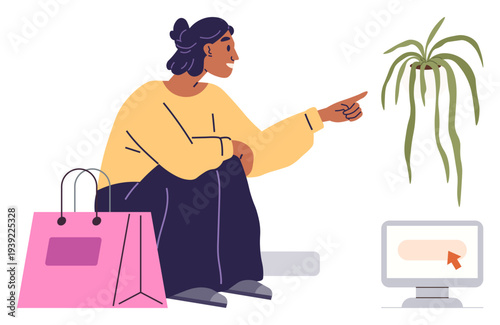 Online shopping, e-commerce, digital communication, interior design, lifestyle, consumer behavior. Person sitting cross-legged with a pink shopping bag, pointing at a plant near a computer screen
