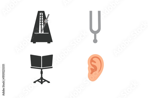 This graphic features four music icons including a metronome, a tuning fork, a music stand, and a human ear, all set against a solid black background in a flat illustration style.