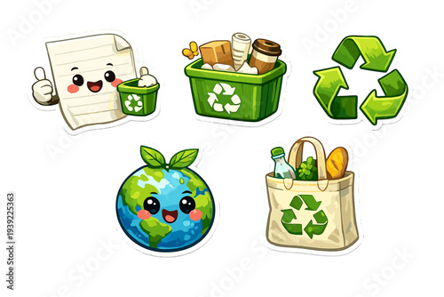 A collection of five cute environmental stickers featuring a smiling piece of paper, a recycling bin, a green recycle symbol, a happy Earth globe, and a reusable grocery bag with food.