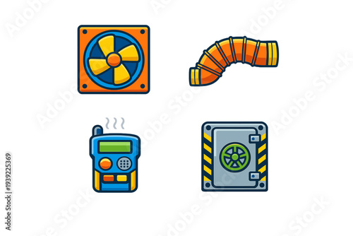 This set of four industrial and security icons features an orange ventilation fan, a flexible duct, a blue handheld radio, and a heavy metal vault door with yellow hazard stripes.