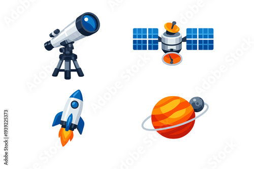 A collection of four space-themed vector icons featuring a telescope on a tripod, a satellite with solar panels, a launching rocket ship, and a ringed planet with a moon on a black background.