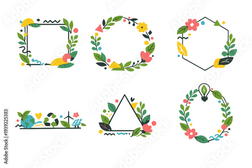 A collection of six decorative frames featuring botanical elements like leaves and flowers, along with eco-friendly icons such as a globe, recycling symbol, and solar panels on a black background.