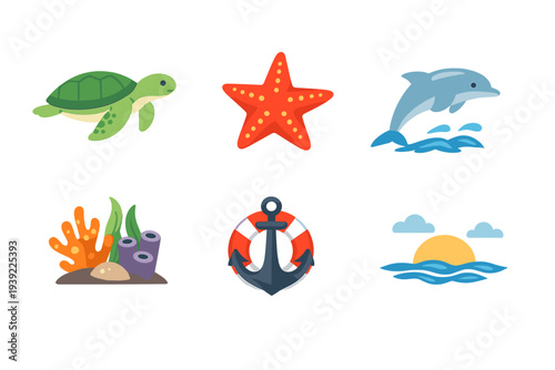 A collection of six flat ocean-themed icons featuring a green sea turtle, an orange starfish, a jumping blue dolphin, coral reef plants, an anchor with a lifebuoy, and a sunset over waves.