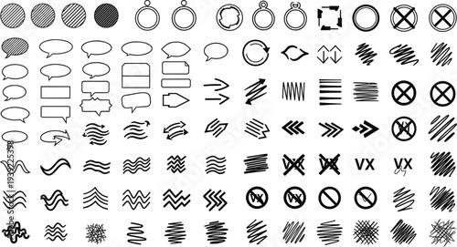 Set of vector hand drawn graphic elements with arrows and shapes isolated on transparent background