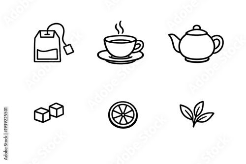 A collection of six minimalist white line icons on a black background featuring various tea items like a teapot, a steaming cup, a tea bag, sugar cubes, a lemon slice, and tea leaves.