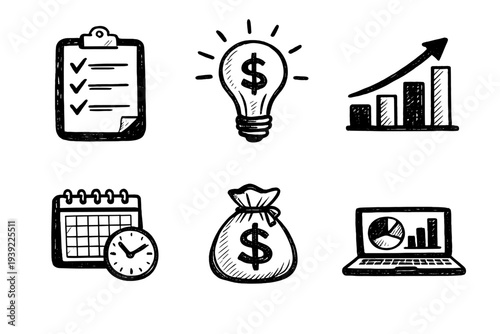 A hand-drawn illustration on a black background featuring a light bulb with a dollar sign, a money bag, a clock, and a pie chart representing business and financial concepts.