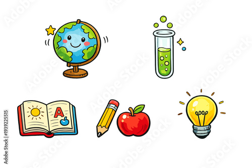 A collection of colorful hand-drawn educational icons including a smiling globe, a science test tube, an open book, a pencil, a red apple, and a glowing light bulb on a black background.