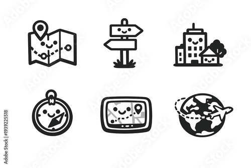 A collection of six cute, hand-drawn travel icons in black and white. The set includes a map, signpost, city buildings, compass, GPS device, and a globe with an airplane.