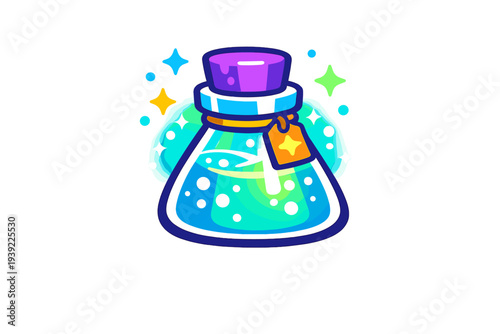 A vibrant cartoon illustration of a magical potion bottle filled with glowing teal liquid and bubbles, featuring a purple cork and a small orange tag against a dark background.