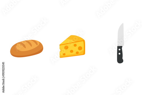 A loaf of bread, a wedge of yellow Swiss cheese with holes, and a black kitchen knife are arranged horizontally against a solid black background in a minimalist composition.