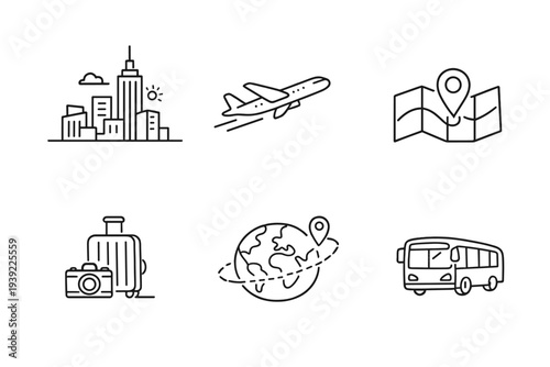 A collection of six minimalist travel icons featuring a cityscape, an airplane, a map with a pin, luggage with a camera, a globe, and a bus, all rendered in white lines on a black background.
