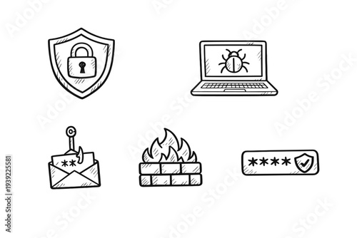 A collection of hand-drawn cybersecurity icons on a black background, including a shield with a lock, a laptop with a bug, a phishing email, a firewall, and a secure password field.
