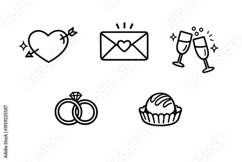 A collection of five minimalist line art icons featuring a heart with an arrow, a love letter, clinking champagne glasses, wedding rings, and a chocolate truffle on a dark background.