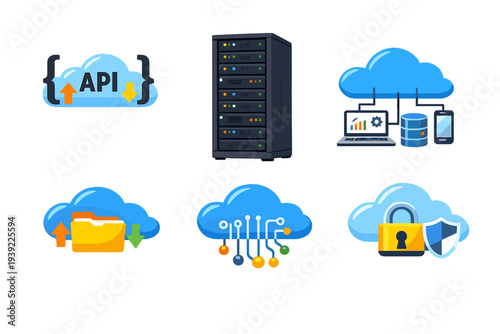 A collection of six flat vector icons representing cloud computing services, including API integration, server storage, data connectivity, file management, and network security.